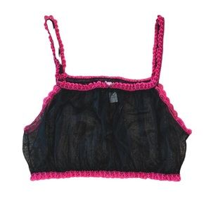 beautiful vintage mesh black camisole top with small rose and pink lace